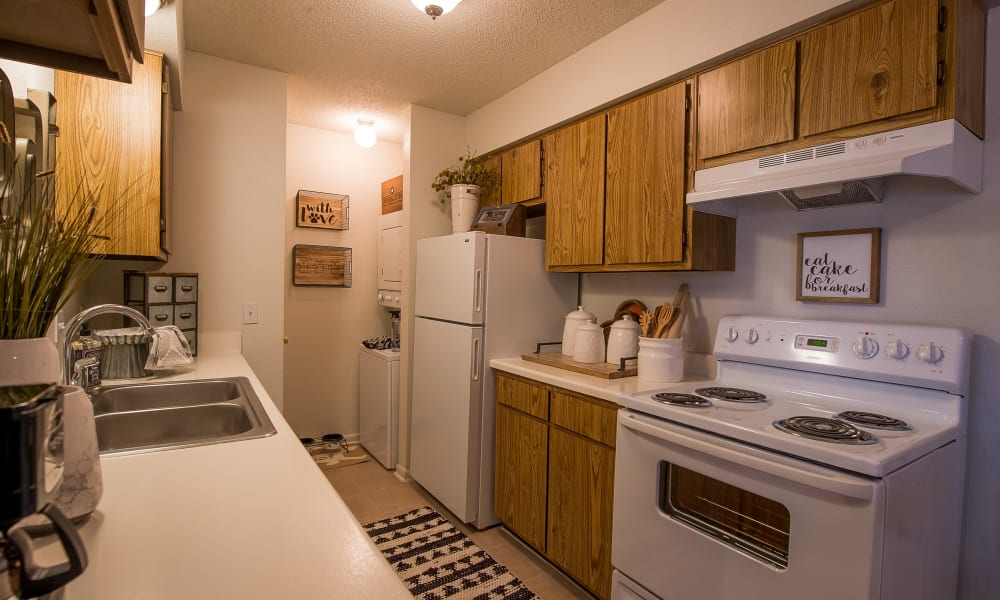 An apartment kitchen at Waters Edge in Oklahoma City, OK