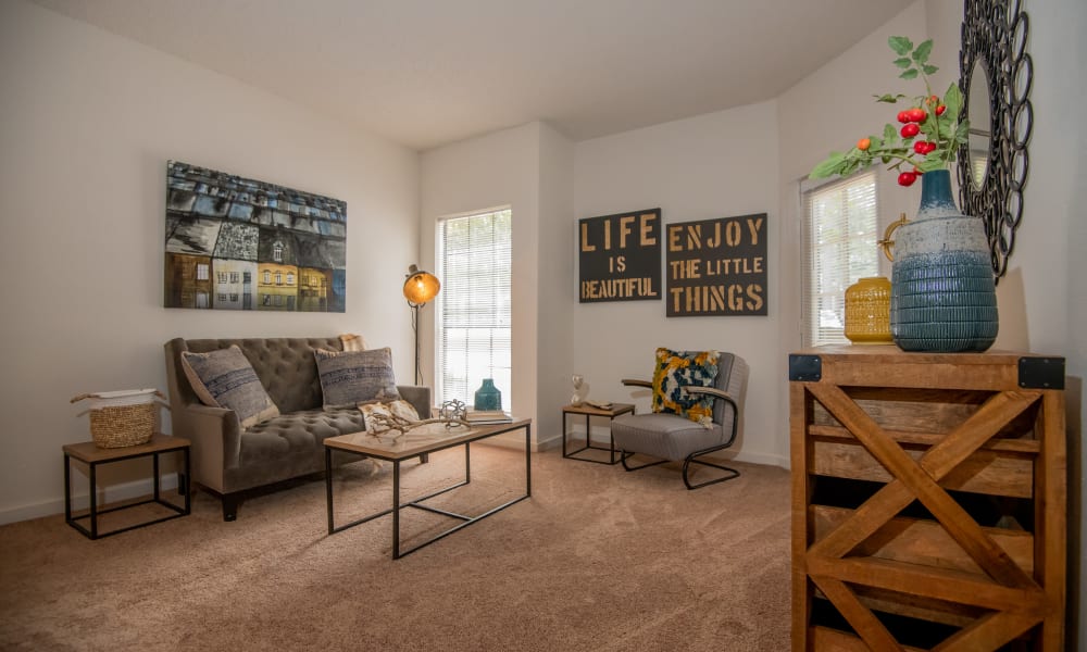 An apartment living room at The Trace of Ridgeland in Ridgeland, MS