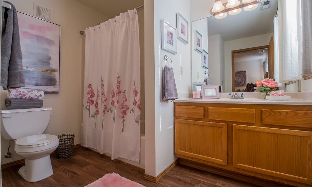 Clean bathroom at Huntington Park Apartments in Wichita, Kansas