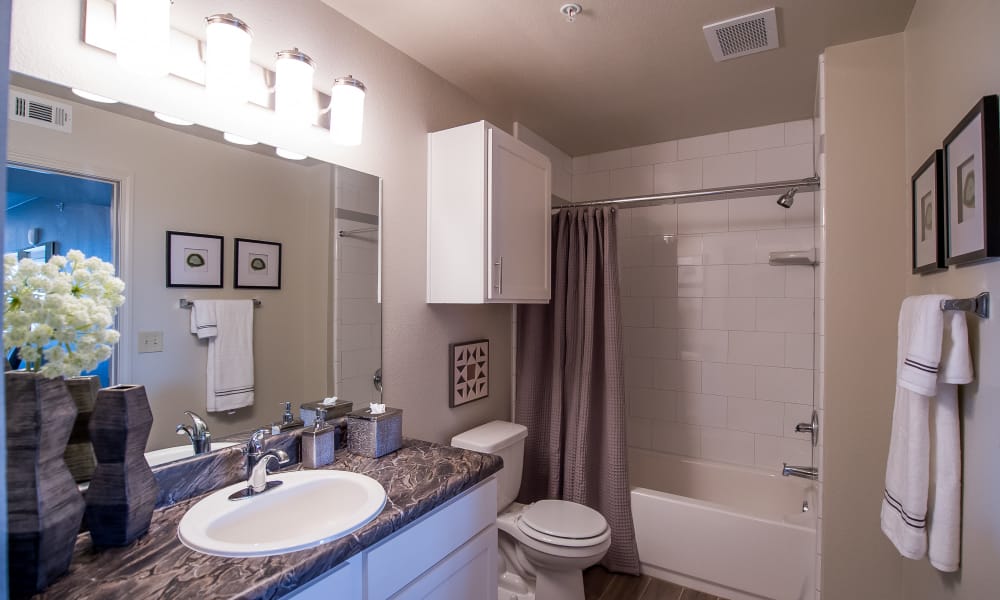 Clean, stylish bathroom at Scissortail Crossing Apartments in Broken Arrow, Oklahoma