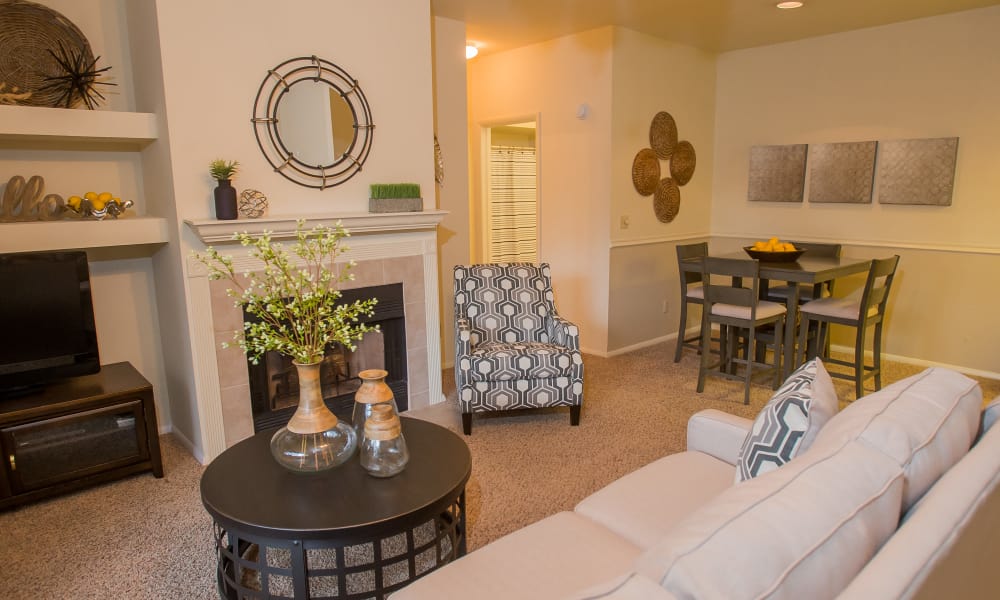 An apartment living room at The Courtyards in Tulsa, OK