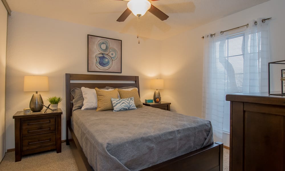 An apartment bedroom at The Warrington Apartments in Oklahoma City, OK