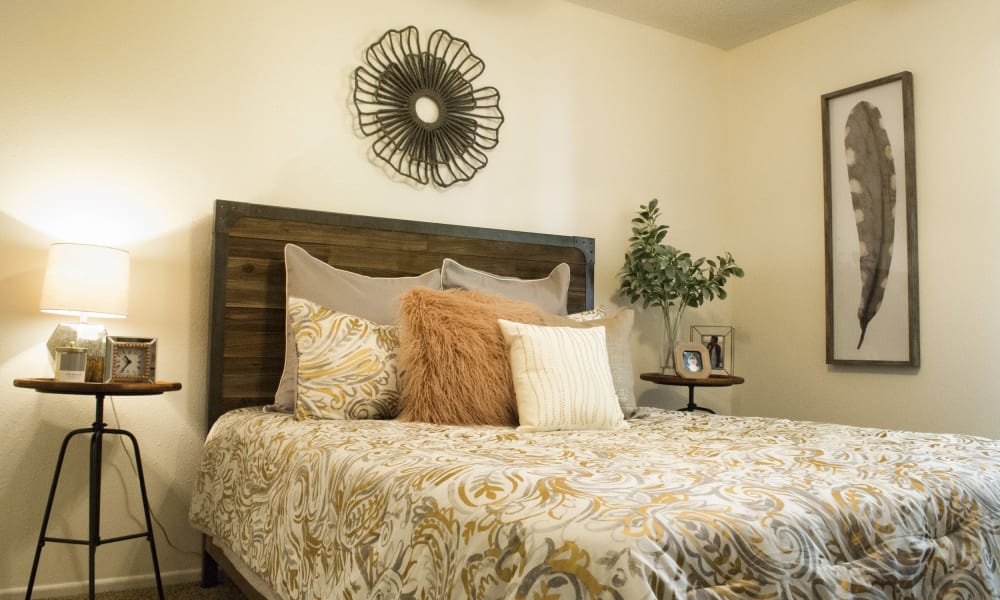 An apartment bedroom at The Chimneys Apartments in El Paso, Texas