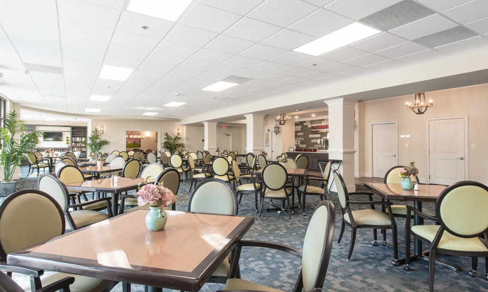 large open dining hall at The Mansions at Alpharetta Assisted Living and Memory Care in Alpharetta, Georgia