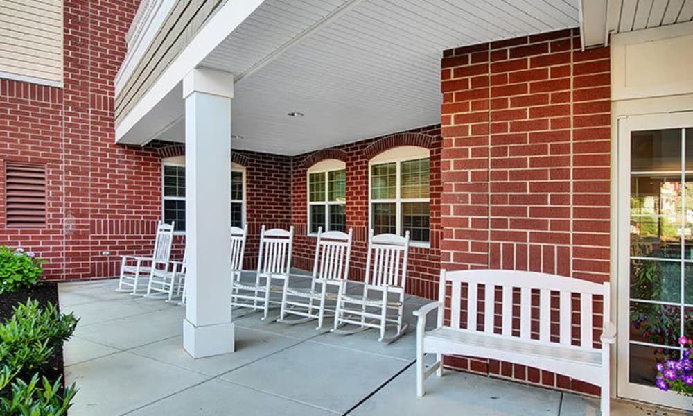Front patio seating at Keystone Villa at Ephrata in Ephrata, Pennsylvania