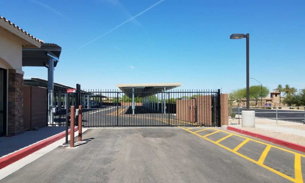 Gated entrance at Seville RV & Boat Storage in Queen Creek, Arizona