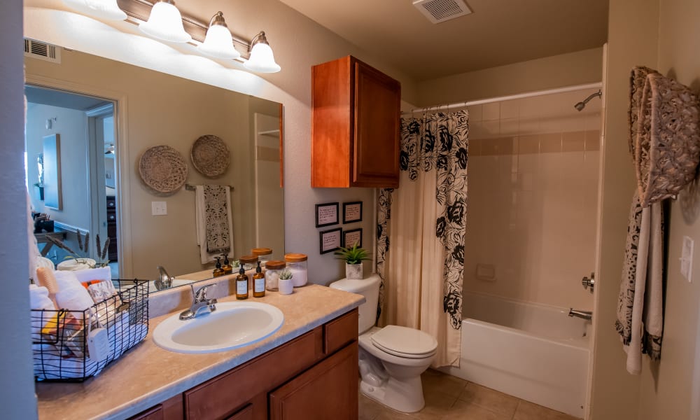 An apartment bathroom at Colonies at Hillside in Amarillo, Texas