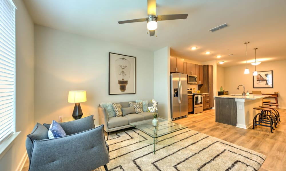Enjoy spacious living room areas with fan and hardwood floors at Luxor Club in Jacksonville, Florida