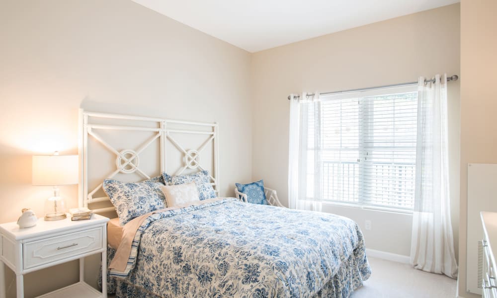 A spacious apartment bedroom at Keystone Place at Newbury Brook in Torrington, Connecticut