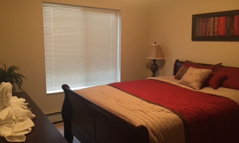 A bedroom with a large window at Parkway Gardens Senior Apartment Community in Saint Paul, Minnesota