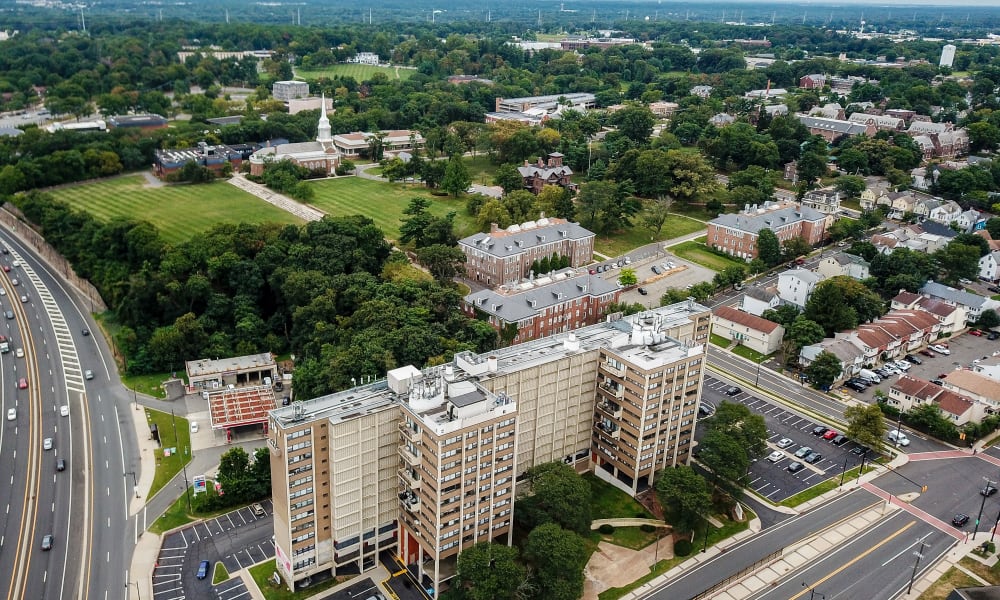 Aerial View of Riverside Towers Apartment Homes in New Brunswick, New Jersey