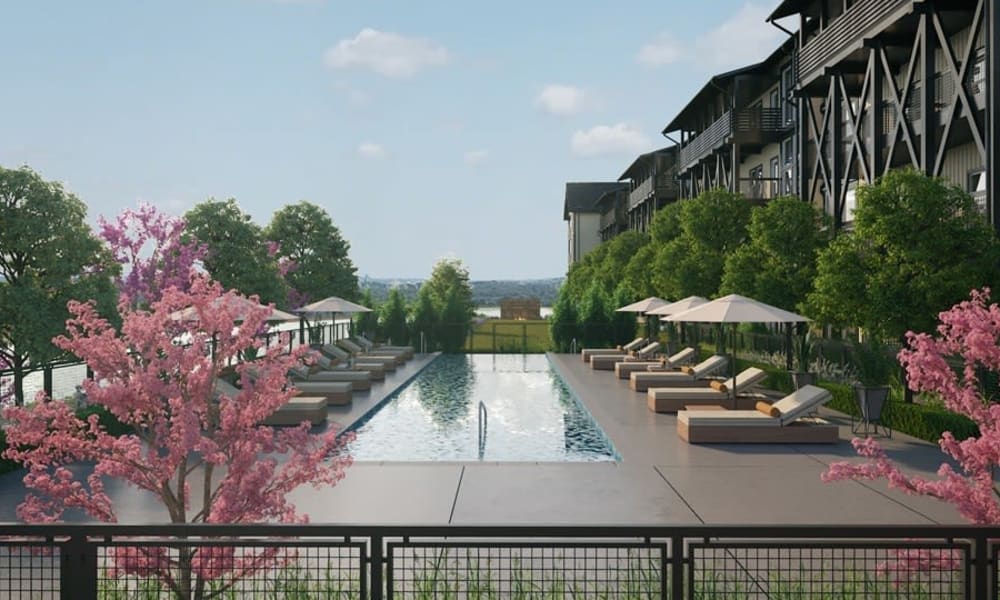 Swimming pool and lounge chairs at Rivertop Apartments in Nashville, Tennessee