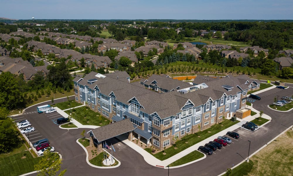 Aerial view of the main building and surrounding Anthology of Northville in Northville, Michigan
