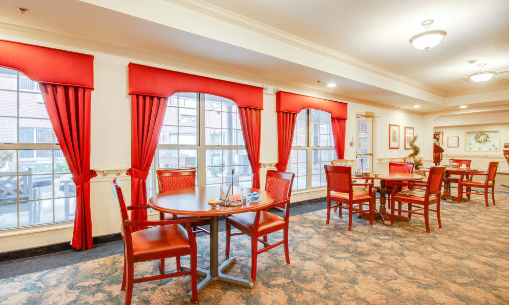 Dining hall with large windows at Brentwood at LaPorte in La Porte, Indiana