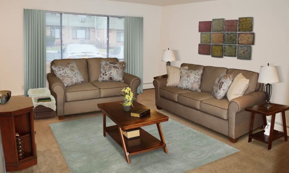 Spacious living room at Lake Vista Apartments in Rochester, New York