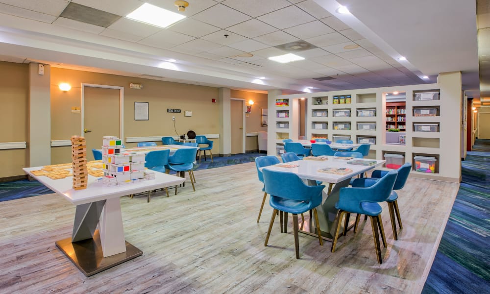 A game room at The Peninsula Assisted Living & Memory Care in Hollywood, Florida