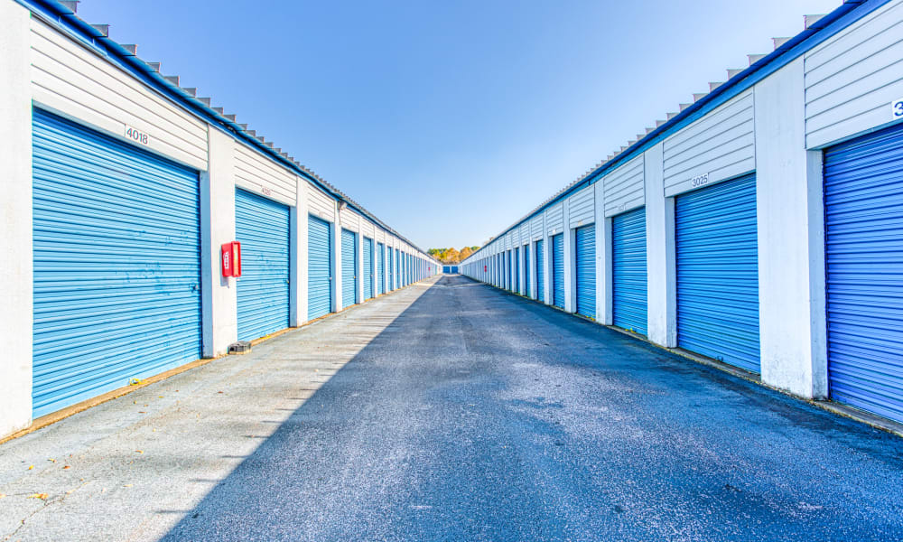 Driveway through storage units at Devon Self Storage in Memphis, Tennessee