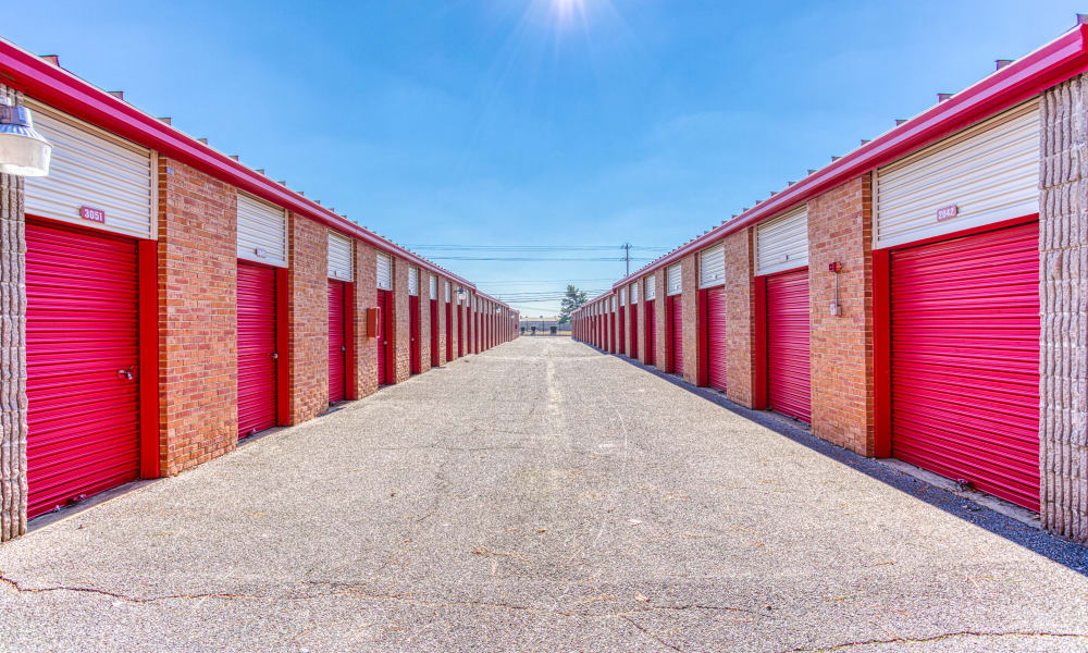 Open driveway through storage units at Devon Self Storage in Memphis, Tennessee