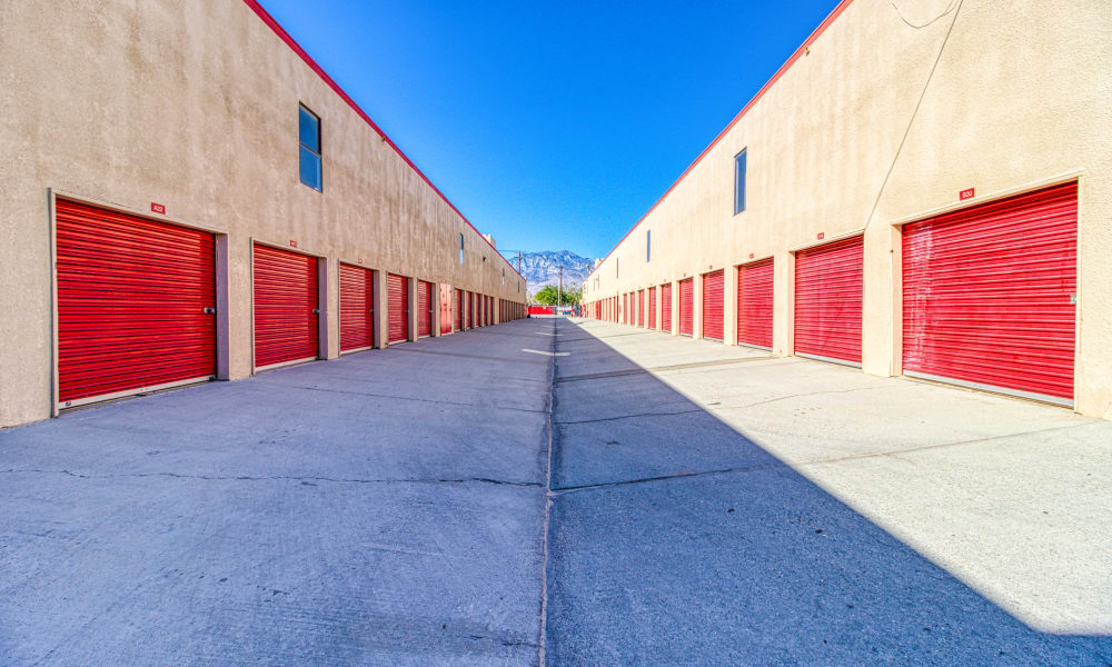 Driveway through storage units at Devon Self Storage in Thousand Palms, California