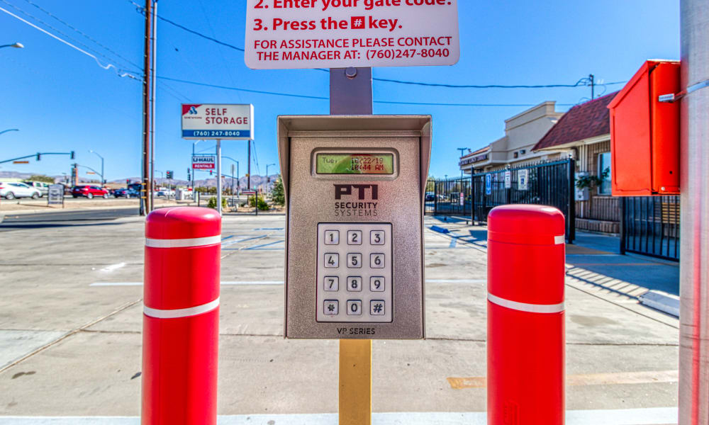 Keypad for gated entry at Devon Self Storage in Apple Valley, California