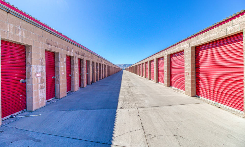 Driveway through storage units at Devon Self Storage in Apple Valley, California