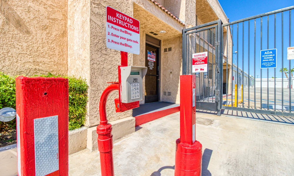 Keypad for gated entry at Devon Self Storage in Palm Springs, California