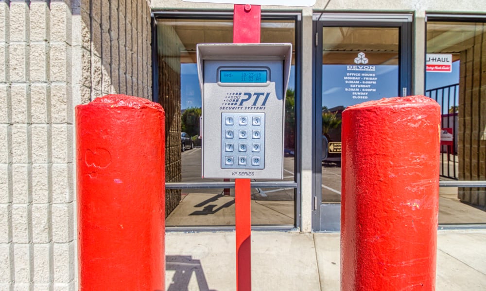 Keypad for gated entry at Devon Self Storage in Palm Springs, California