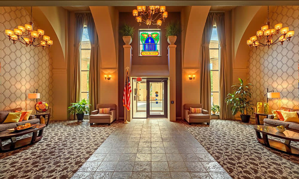 Beautiful lobby and seating area at Maiden Bridge & Canongate Apartments in Pittsburgh, Pennsylvania