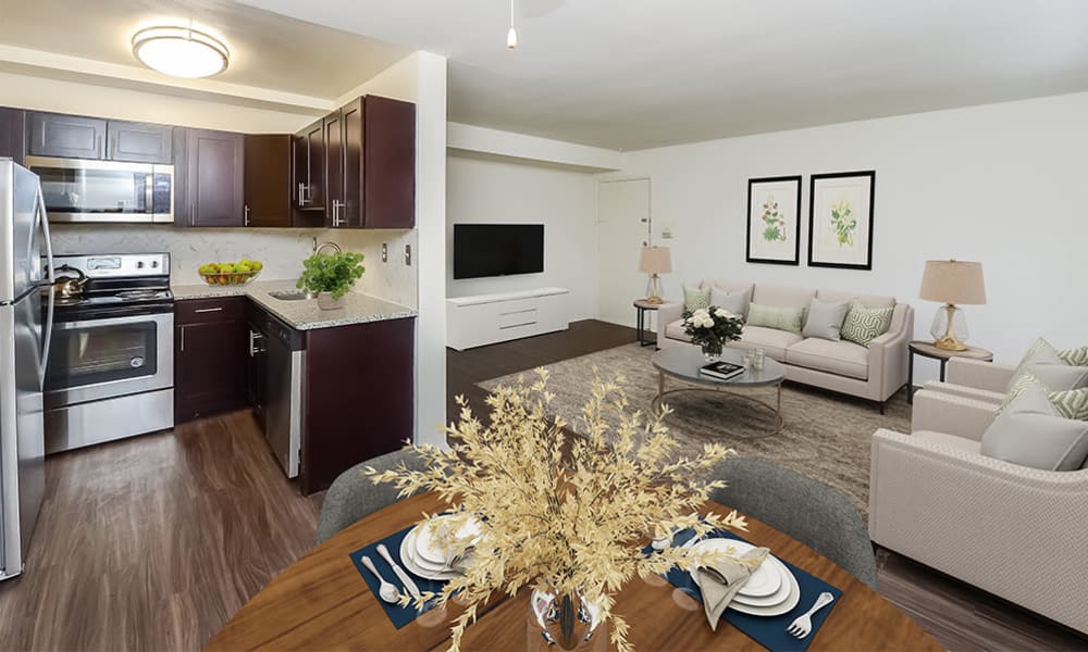 Spacious Living Room & Kitchen at Hyde Park Apartment Homes in Bellmawr, New Jersey