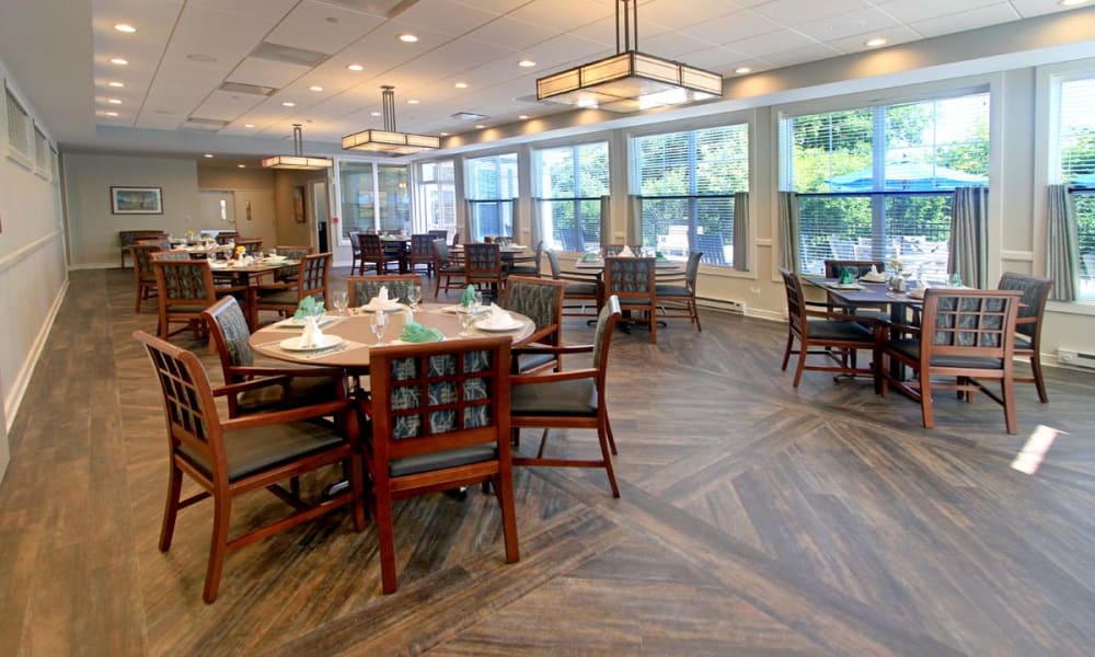 Indoor and outdoor dining room seating at Anthology of Wheaton in Wheaton, Illinois