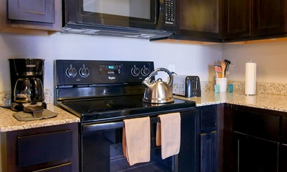 Dark wood cabinetry and black appliances in the gourmet kitchen of a model home at Anatole on Briarwood in Midland, Texas