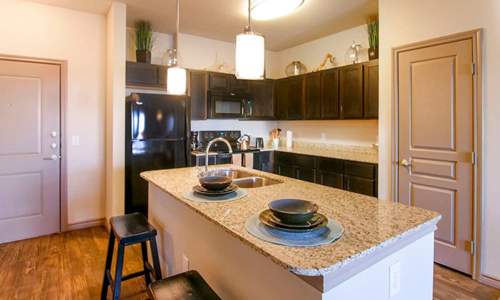 Granite countertops and sleek black appliances in a model home's kitchen at Anatole on Briarwood in Midland, Texas