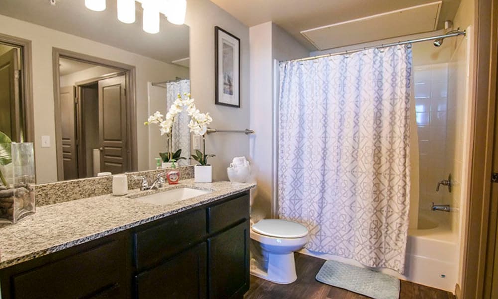 Large vanity mirror and granite countertop in a model home's bathroom at Anatole on Briarwood in Midland, Texas