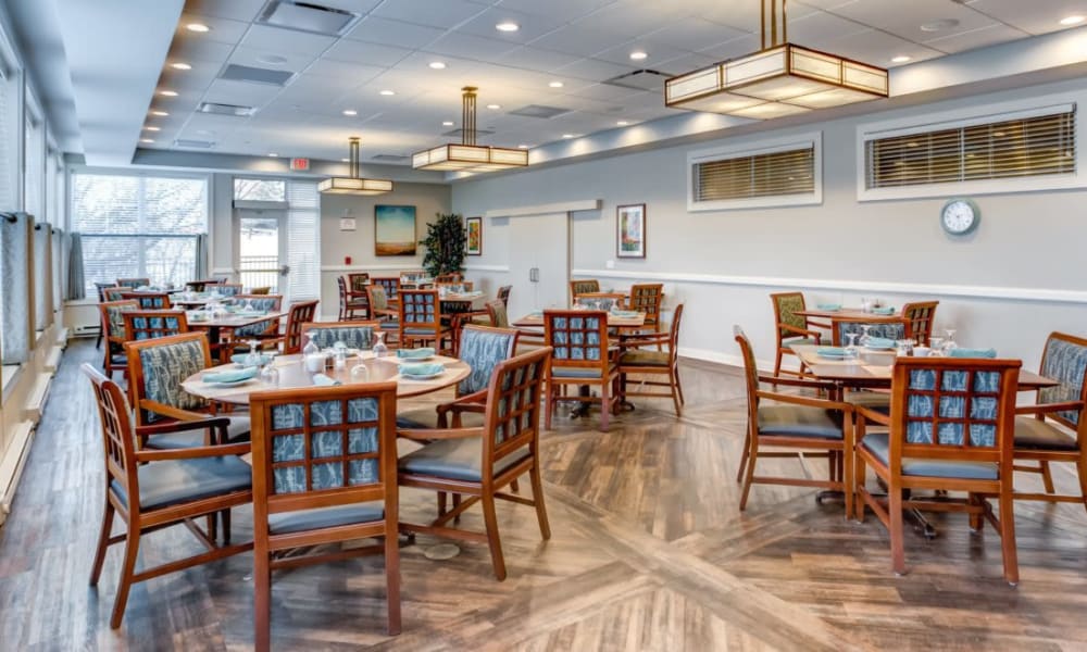 Spacious resident dining room at Anthology of Wheaton in Wheaton, Illinois