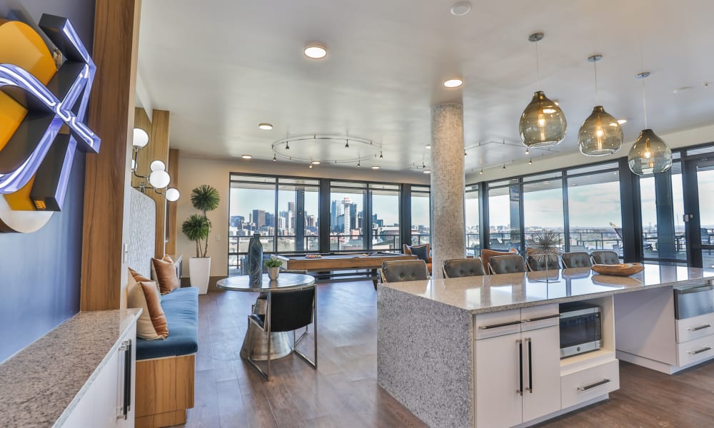 Floor to ceiling Cityview lounge The Alcott in Denver, Colorado