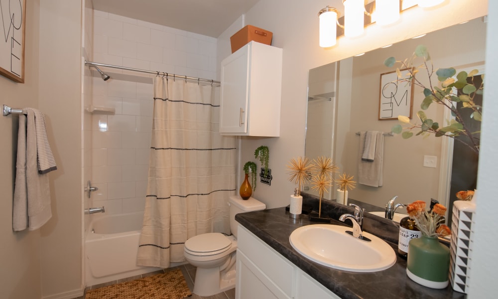 Bright bathroom with shower and tub combo at Cedar Ridge in Tulsa, Oklahoma