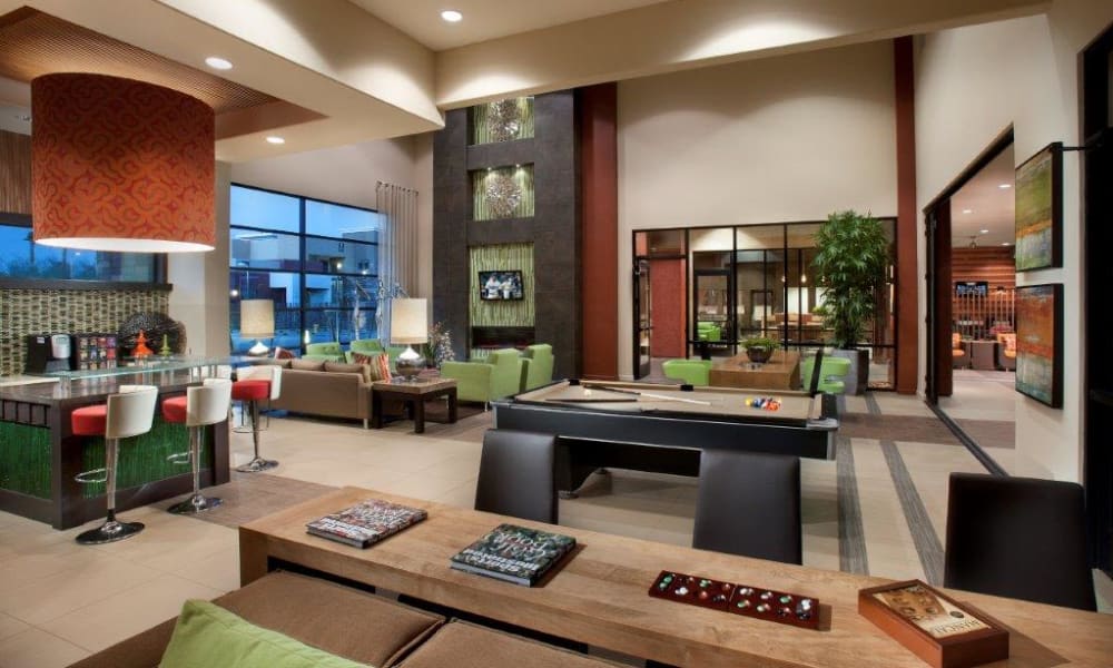 Game room with billiards and more in the clubhouse at Vive in Chandler, Arizona