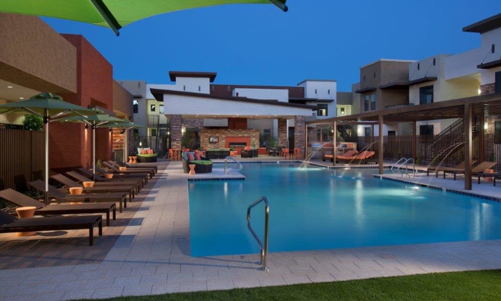 Dusk at the swimming pool area at Vive in Chandler, Arizona