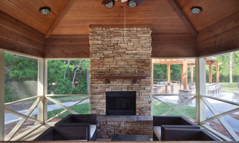 Fireplace in the barbecue area's gazebo at Wimberly at Deerwood in Jacksonville, Florida