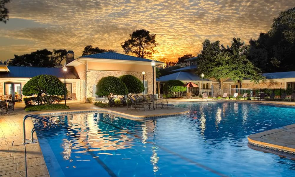 Beautiful sunset at the resort-style swimming pool at Wimberly at Deerwood in Jacksonville, Florida