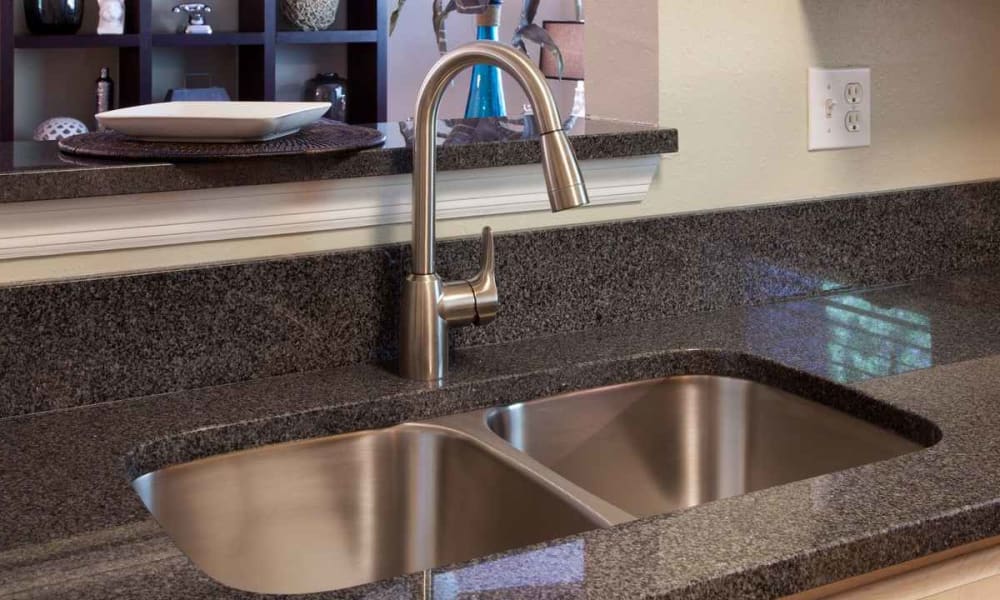 Recessed dual-basin sink in a model home's gourmet kitchen at Wimberly at Deerwood in Jacksonville, Florida