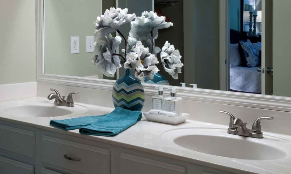 Dual sinks in a model home's primary bedroom at Wimberly at Deerwood in Jacksonville, Florida