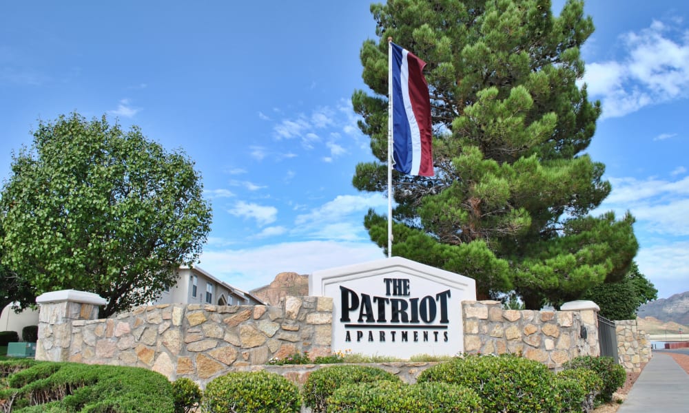 The sign in front of The Patriot Apartments in El Paso, Texas