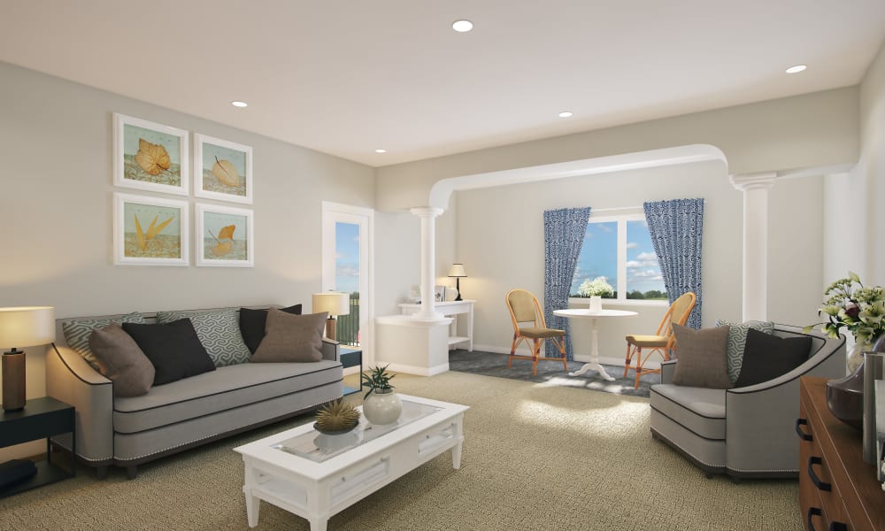 Model living room at Keystone Place at Richland Creek in O'Fallon, Illinois