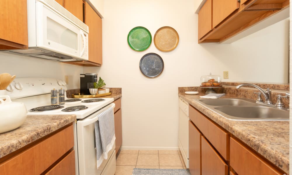 An apartment kitchen at Mountain Village in El Paso, Texas