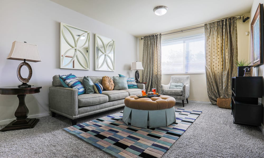 Model apartment living room with a large window letting light in at Regency Pointe in Forestville, Maryland
