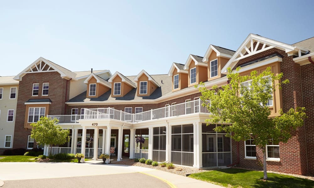 Parking lot and main entrance into Deer Crest Senior Living in Red Wing, Minnesota