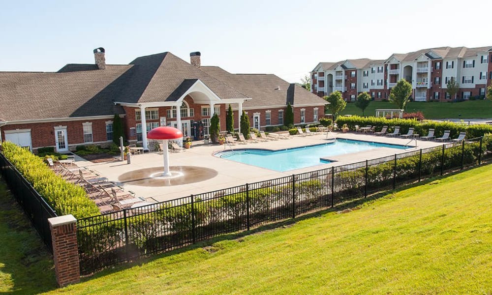 Resort-style pool and splash zone at O'Fallon Lakes in O'Fallon, Missouri