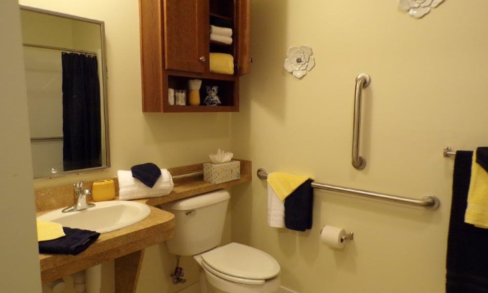 Bathroom in Recovery Care accommodations at Esplanade of Woodmere in Woodmere, New York