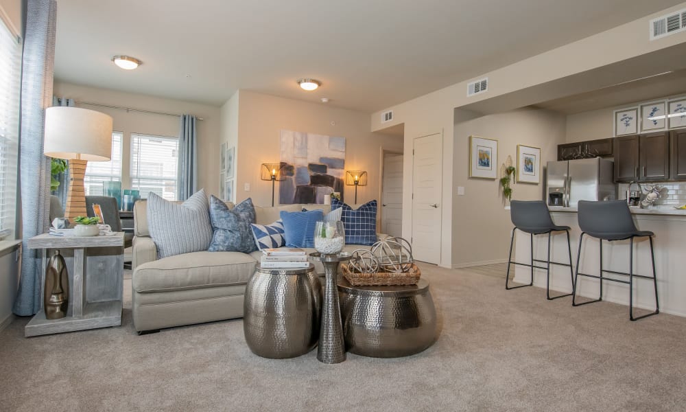 Open-concept living room of 97@ North Oak in Kansas City, Missouri